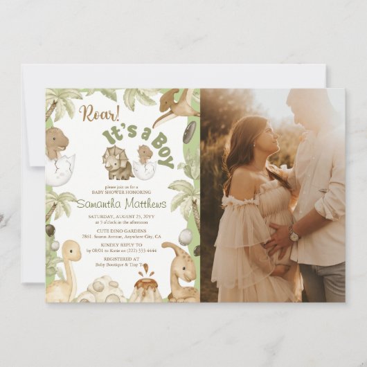 可愛い恐竜「男の子だ」赤ちゃんシャワー写真 招待状 (正面)