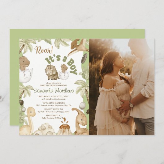可愛い恐竜「男の子だ」赤ちゃんシャワー写真 招待状 (正面/裏面)