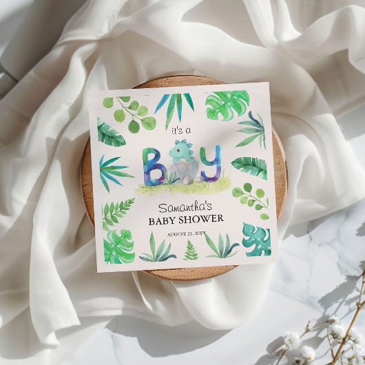 可愛い恐竜「男の子」の赤ちゃんシャワー スタンダードカクテルナプキン