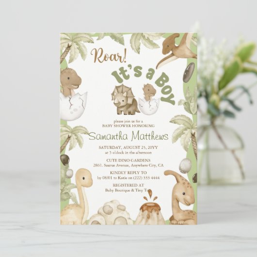 可愛い恐竜「男の子」の赤ちゃんシャワー 招待状 (スタンド正面)