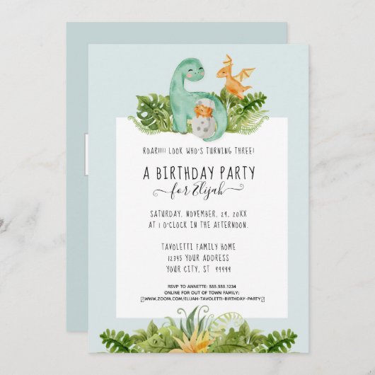 可愛い恐竜Dinoママ葉男の赤ちゃんシャワー 招待状 (正面/裏面)