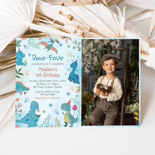 可愛い恐竜Dino 4歳4歳の誕生日パーティー写真 招待状