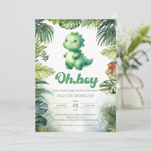 可愛い恐竜Oh男の子の熱帯の緑の赤ちゃんシャワー 招待状 (スタンド正面)