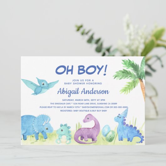 可愛い恐竜Oh男の子の赤ちゃんシャワー招待状 案内状 (スタンド正面)