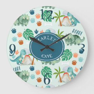 可愛い恐竜Tレックスパターンジュラシックキッズルーム ラージ壁時計