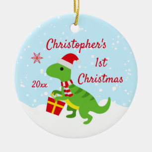 可愛い恐竜Tレックスベビー初めてのクリスマス セラミックオーナメント