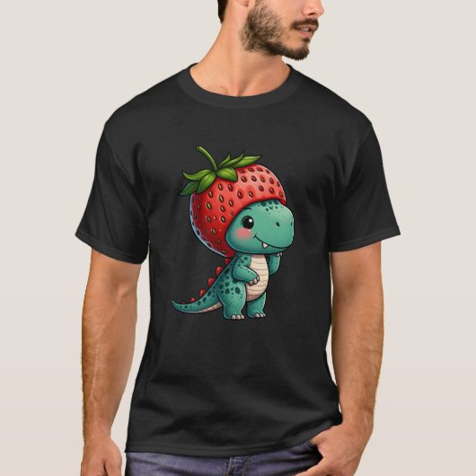 可愛い恐竜Tレックス帽子つきイチゴ予測できな Tシャツ (正面)