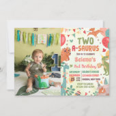 可愛い恐竜Two-A-Saurus 2nd誕生日の写真 招待状 (正面)