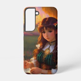 可愛い悲しげなアニメ風の女性がいる牧草地の夕焼け SAMSUNG GALAXY S22ケース