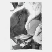 可愛い悲しそうな表情のピットブル犬の白黒とボール キッチンタオル (縦)