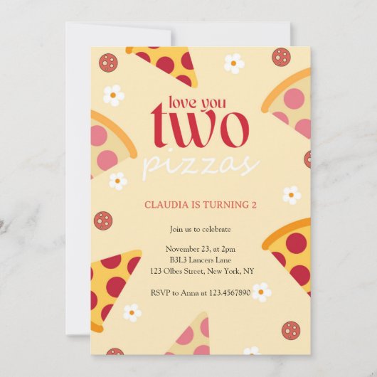 可愛い愛あなた2つのピザ2番目の誕生日パーティー 招待状 (正面)