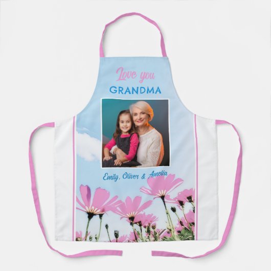 可愛い愛おばあちゃんピンクの花写真 エプロン (正面)