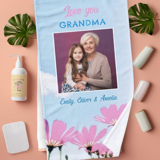 可愛い愛おばあちゃんピンクの花写真 ハンドタオル