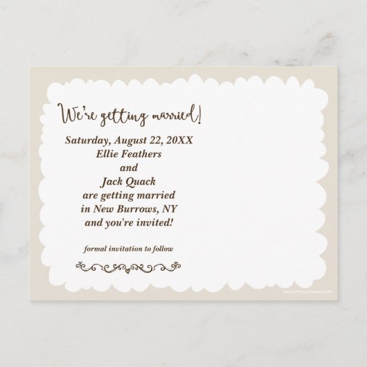 可愛い愛のアヒルの結婚式の日付発表を保存 案内ポストカード (裏面)