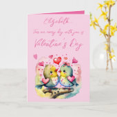可愛い愛の鳥の名前ピンクのバレンタインデー カード (黄色い花)