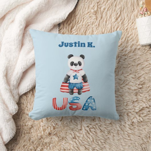 可愛い愛国心パンダスーパーヒーローパーソナライズされた クッション (ブランケット)