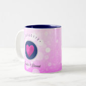 可愛い感謝と賛美ハートあなたの名前をピンクに追加 ツートーンマグカップ (正面左)