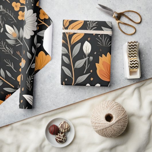 可愛い房宝花文様お洒落フローラ房宝 ラッピングペーパー (クラフト)