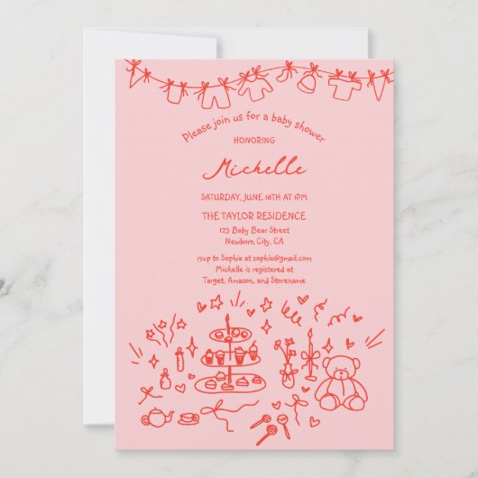 可愛い手お洒落引きピンク赤ベビーシャワー 招待状 (正面)