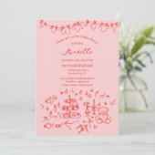 可愛い手お洒落引きピンク赤ベビーシャワー 招待状 (スタンド正面)