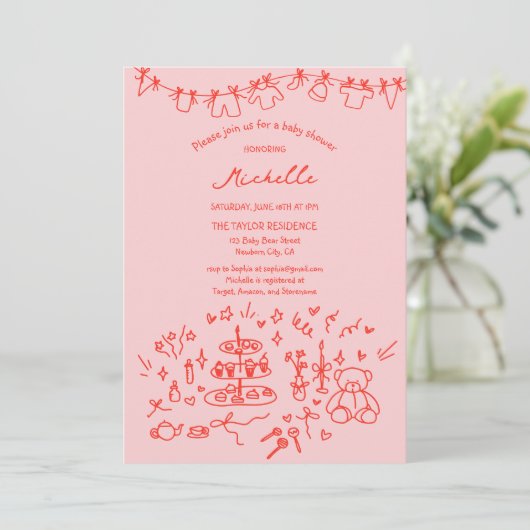可愛い手お洒落引きピンク赤ベビーシャワー 招待状 (スタンド正面)