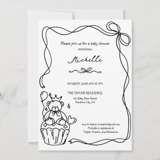 可愛い手お洒落引きブルーの赤ちゃんシャワー 招待状 (正面)