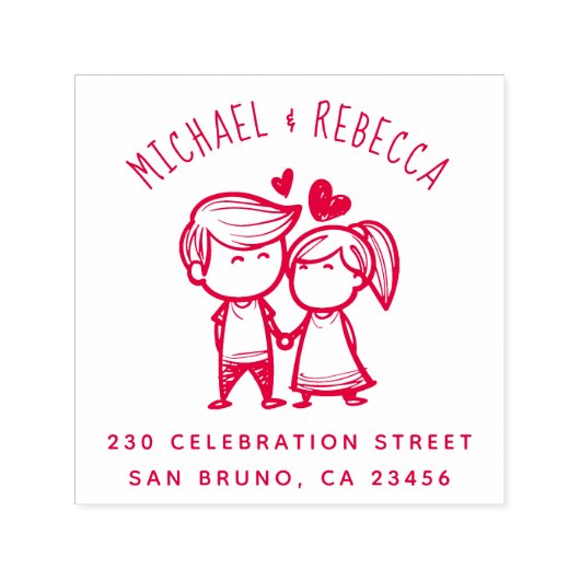 可愛い手描きカップル&カスタム差出人住所 セルフインキングスタンプ (デザイン)