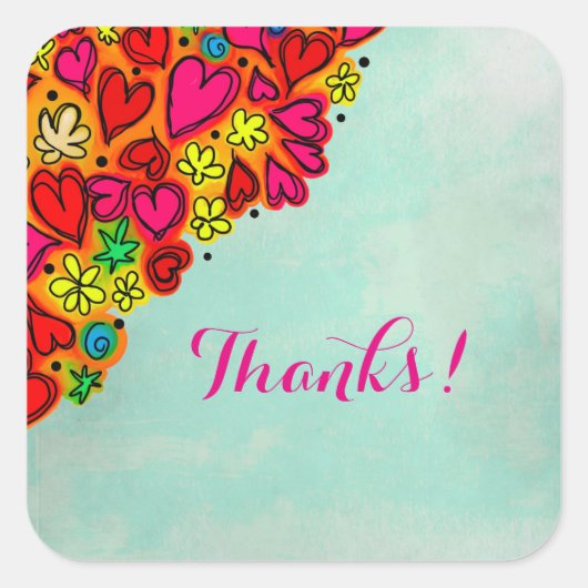 可愛い手描きドードルハートと感謝してい花 スクエアシール (正面)