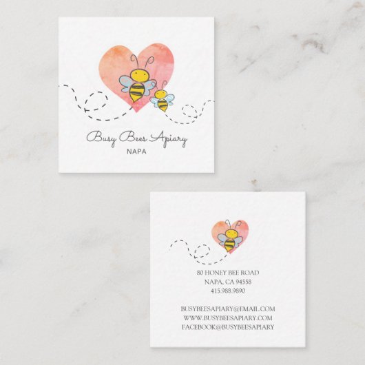 可愛い手描きハニービーズピンクハート養蜂場 スクエア名刺 (正面/裏面)