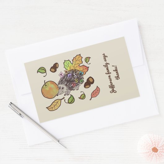 可愛い手描きハリネズミと秋葉の 長方形シール (封筒)