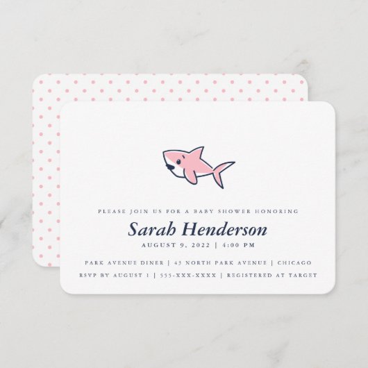可愛い手描きピンクシャークベビーシャワーガール 招待状 (正面/裏面)