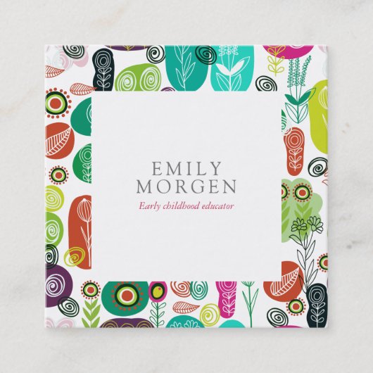 可愛い手描きレトロ花児童教育 スクエア名刺 (正面)