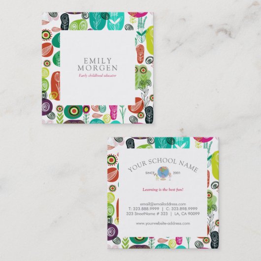 可愛い手描きレトロ花児童教育 スクエア名刺 (正面/裏面)