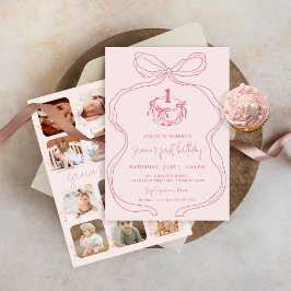 可愛い手描き弓ピンクの女の子写真1st誕生日 招待状