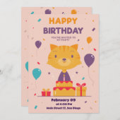 可愛い手描き猫誕生日誘いカード 招待状 (正面/裏面)
