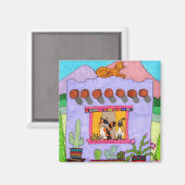 可愛い手描き紫色のアドビハウス猫砂漠 マグネット (正面/裏面)