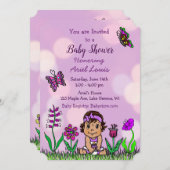 可愛い手描き紫色のベビーガール赤ちゃんシャワー 招待状 (正面/裏面)