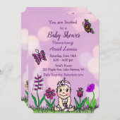 可愛い手描き紫色のベビーガール赤ちゃんシャワー 招待状 (正面/裏面)