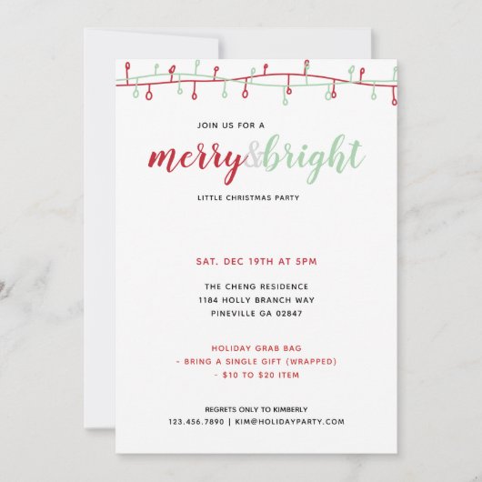 可愛い手描き赤と緑のクリスマスライトパーティー 招待状 (正面)