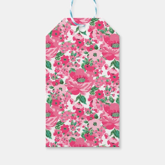 可愛い手絵を描ピンクの花エレガント白デザイン ギフトタグ (正面)