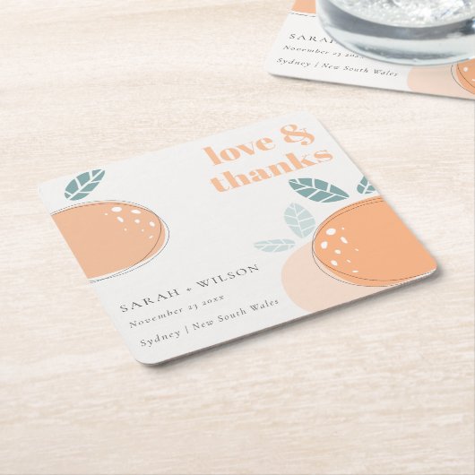 可愛い抽象芸術オレンはっきりしたジ結婚フルーティ感謝していズ スクエアペーパーコースター (アングル)