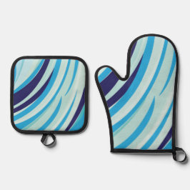 可愛い抽象芸術ブルー斜ストライプ線 鍋つかみ&鍋敷きセット