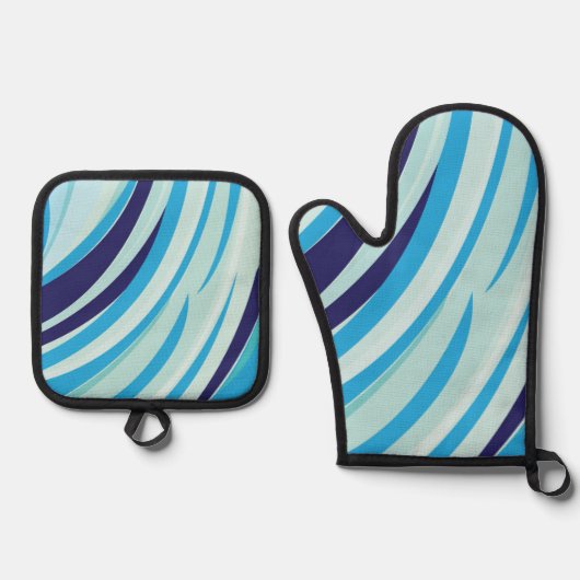 可愛い抽象芸術ブルー斜ストライプ線 鍋つかみ&鍋敷きセット (正面)