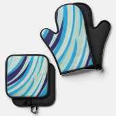 可愛い抽象芸術ブルー斜ストライプ線 鍋つかみ&鍋敷きセット (正面/裏面)