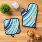 可愛い抽象芸術ブルー斜ストライプ線 鍋つかみ&鍋敷きセット (トップダウン)