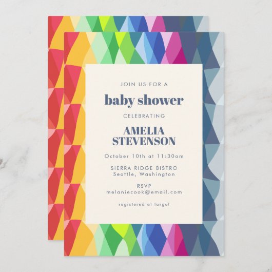 可愛い抽象芸術幾何学虹プリズムベビーシャワー 招待状 (正面/裏面)