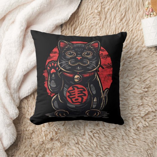 可愛い招き猫プリントのシ描ンボ日本のル クッション (ブランケット)