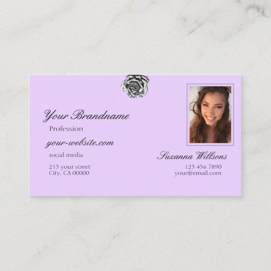 可愛い描バラプレーン灰色の薄紫とロゴ写真 名刺 (裏面)