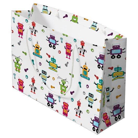 可愛い数々の色ロボット子供ロボットパターン ラージペーパーバッグ (裏面アングル)