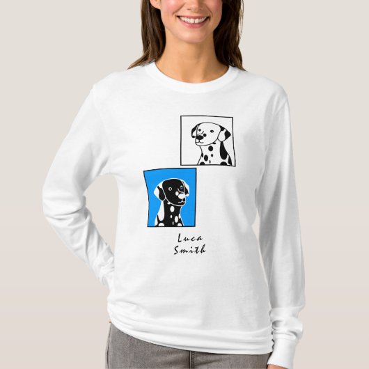 可愛い斑点のある白黒の犬の青いフレーム文字 Tシャツ (正面)